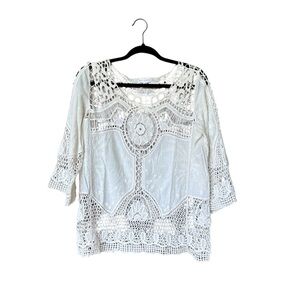 Coco + Jameson White Crochet Cottagecore Victorian Lace Boho Top‎ Size M